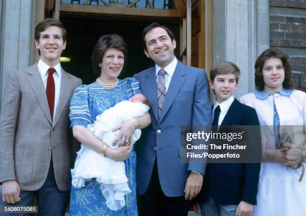 The Greek royal family, left to right: Crown Prince Pavlos, Queen Anne-Marie holding newborn daughter Princess Theodora, King Constantine II , Prince...