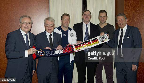 Treasurer Horst R. Schmidt, League President Dr. Reinhard Rauball, goalkeeping coach Andreas Koepke, David Nivel, Team Manager Oliver Bierhoff and...