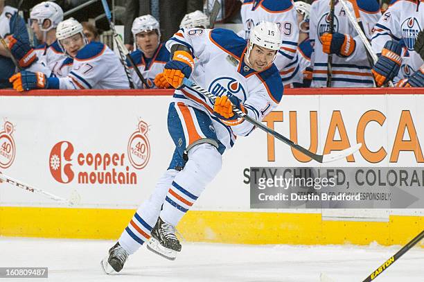 Darcy Hordichuk of the Edmonton Oilers skates against the Colorado Avalanche during a game at the Pepsi Center on February 2, 2013 in Denver,...