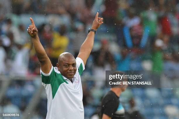 Nigeria's head coach Stephen Keshi celebrates his team's second goal during the 2013 African Cup of Nations semi-final football match Mali vs Nigeria...