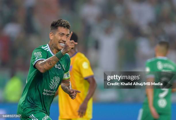 Al-Ahli's Roberto Firmino celebrating his goal during AL Ahli Saudi vs AL Hazem FC in Saudi Arabian Pro League on August 11, 2023 in Jeddah, Saudi...
