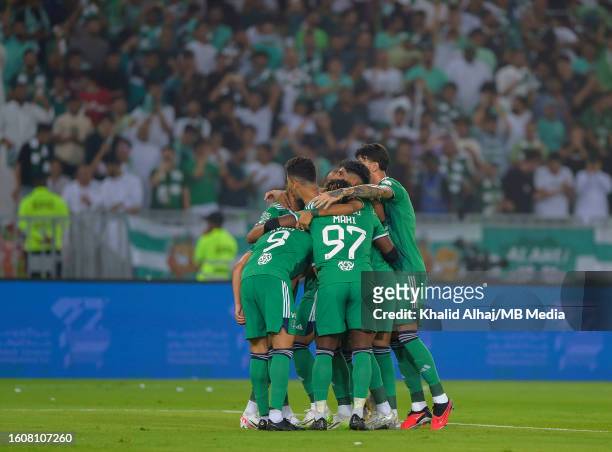 Celebrations for Al-Ahli's Roberto Firmino goal during AL Ahli Saudi vs AL Hazem FC in Saudi Arabian Pro League on August 11, 2023 in Jeddah, Saudi...