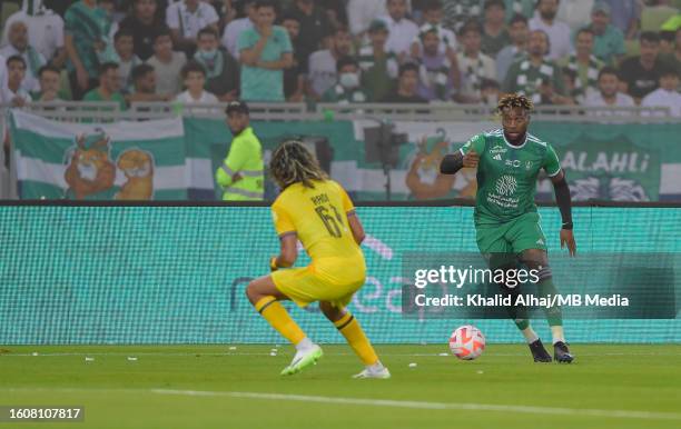 Al-Ahli's Allan Saint-Maximin on the ball during AL Ahli Saudi vs AL Hazem FC in Saudi Arabian Pro League on August 11, 2023 in Jeddah, Saudi Arabia.