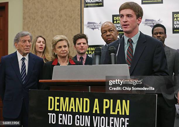 Aurora theater shooting victim Stephen Barton, speaks during a press conference hosted by the Mayors Against Illegal Guns and the Law Center to...