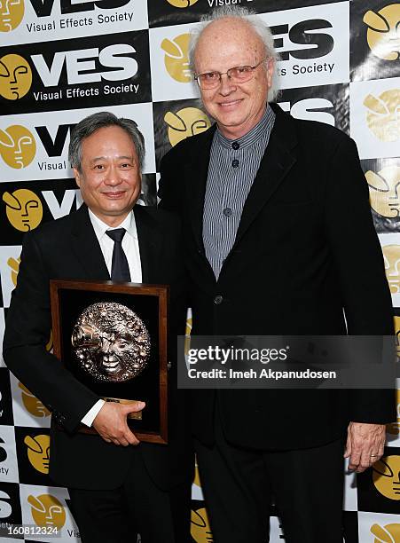 Director Ang Lee poses backstage after receiving the VES Visionary Award with visual effects artist Dennis Muren at the 11th Annual Visual Effects...