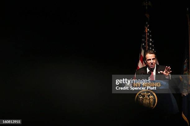 New York Governor Andrew Cuomo delivers his State of the State and budget proposals at The City College of New York on February 6, 2013 in New York...