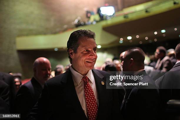 New York Governor Andrew Cuomo pauses after delivering his State of the State and budget proposals at The City College of New York on February 6,...