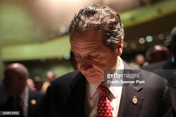 New York Governor Andrew Cuomo pauses after delivering his State of the State and budget proposals at The City College of New York on February 6,...