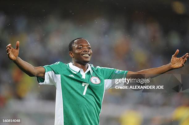 Nigeria's forward Ahmed Musa celebrates after scoring a goal during the 2013 African Cup of Nations semi-final football match Mali vs Nigeria on...