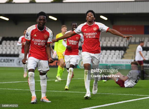 Myles Lewis-Skelly celebrates scoring Arsenal's 1st goal with Amario Cozier-Duberry during the PL2 match between Arsenal U21 and West Ham United U21...