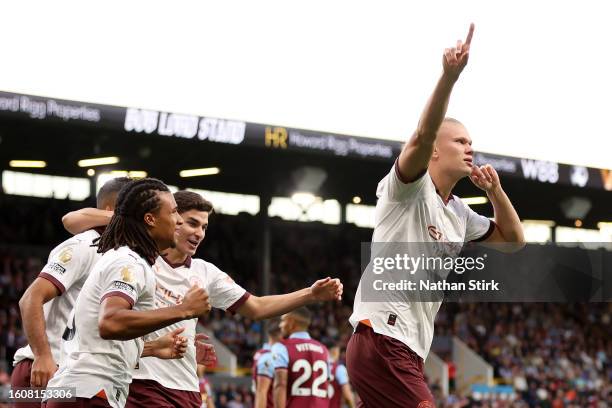 Erling Haaland of Manchester City celebrates after scoring the team's first goal during the Premier League match between Burnley FC and Manchester...