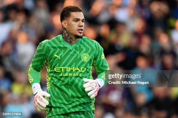 Ederson of Manchester City looks on during the Premier League match between Burnley FC and Manchester City at Turf Moor on August 11, 2023 in...