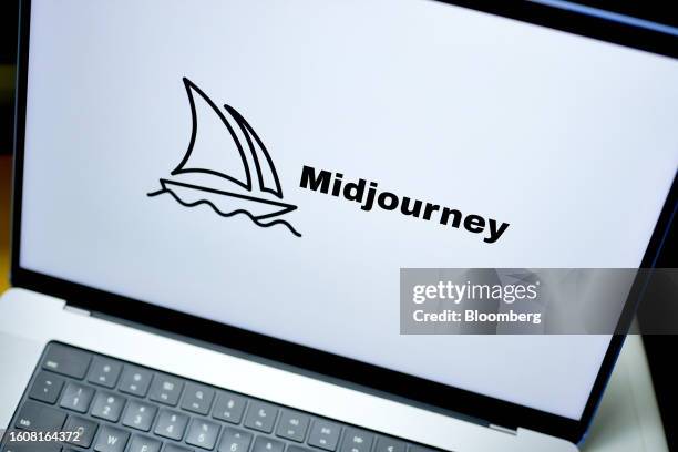 The Midjourney logo on a laptop arranged in New York, US, on Thursday, Aug. 17, 2023. Gala Sports used publicly available AI services, image...