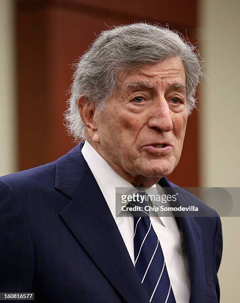 Singer Tony Bennett speaks during a news conference hosted by the Mayors Against Illegal Guns and the Law Center to Prevent Gun Violence at the U.S....
