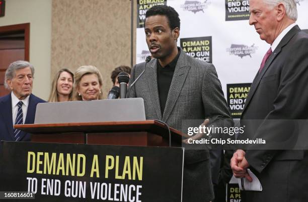 Actor Chris Rock speaks during a press conference hosted by the Mayors Against Illegal Guns and the Law Center to Prevent Gun Violence with singer...