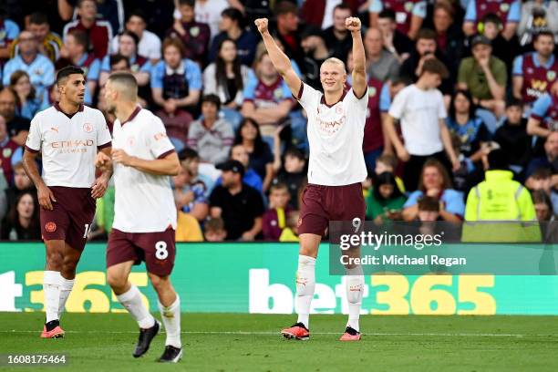 Erling Haaland of Manchester City celebrates after scoring the team's second goal during the Premier League match between Burnley FC and Manchester...