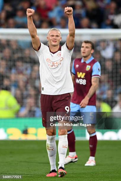 Erling Haaland of Manchester City celebrates after scoring the team's second goal during the Premier League match between Burnley FC and Manchester...