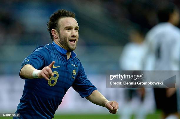 Mathieu Valbuena of France celebrates scoring first goal during the international friendly match between France and Germany at Stade de France on...