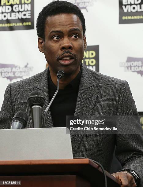 Actor Chris Rock speaks during in a press conference hosted by the Mayors Against Illegal Guns and the Law Center to Prevent Gun Violence at the U.S....