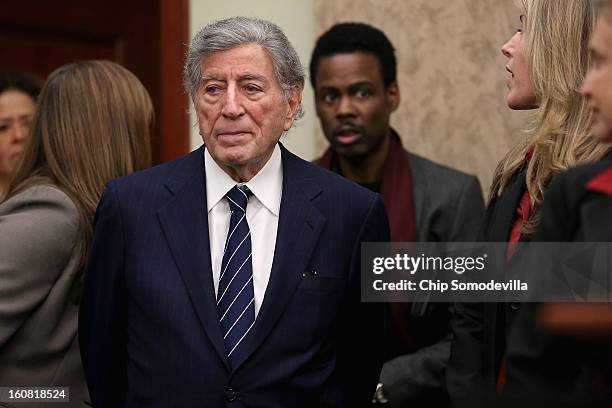 Singer Tony Bennett and actor Chris Rock arrive for a news conference hosted by Mayors Against Illegal Guns Director and the Law Center to Prevent...