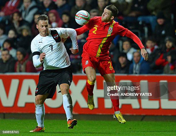 Austria's striker Marko Arnautovic vies with Wales' defender Adam Matthews during the international friendly football match between Wales and Austria...