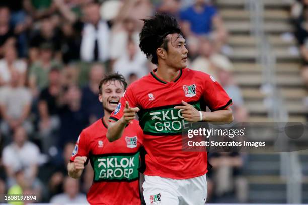 Koki Ogawa of NEC Nijmegen celebrates 0-1 during the Dutch Eredivisie match between Heracles Almelo v NEC Nijmegen at the Polman Stadium on August...