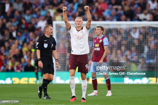 Erling Haaland of Manchester City celebrates after scoring his side's second goal during the Premier League match between Burnley FC and Manchester...