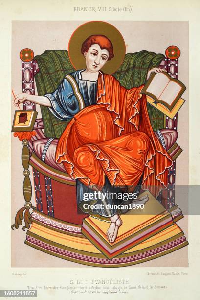 st. luke evangelist taken from a book of the gospels, taken from a book of the gospels, 8th century french religious art - circa 8th century stock illustrations
