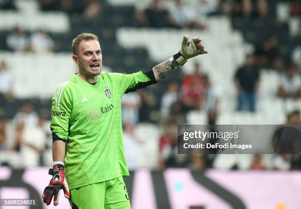 Mert Gunok of Besiktas gestures during the UEFA Europa League Third Qualifying Round Second Leg match between Besiktas and Neftci Baku PFK on August...