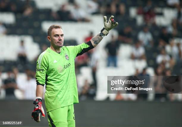 Mert Gunok of Besiktas gestures during the UEFA Europa League Third Qualifying Round Second Leg match between Besiktas and Neftci Baku PFK on August...