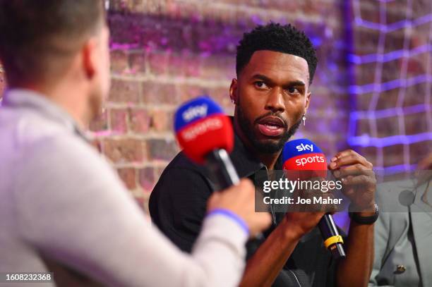 Daniel Sturridge speaks on stage during the Sky Sports Opening Night party of the 23/24 Premier League season, at Village Underground on August 11,...