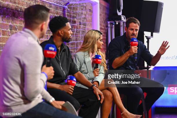 Adam Smith, Daniel Sturridge, Melissa Reddy and Jamie Redknapp speak on stage during the Sky Sports Opening Night party of the 23/24 Premier League...