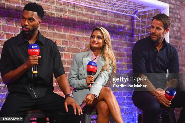 Daniel Sturridge, Melissa Reddy and Jamie Redknapp speak on stage during the Sky Sports Opening Night party of the 23/24 Premier League season, at...