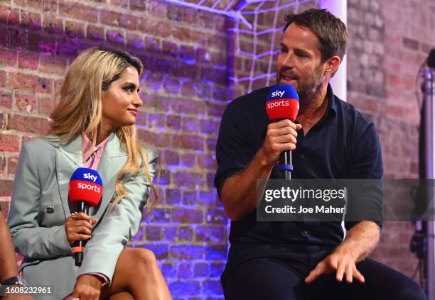 Melissa Reddy and Jamie Redknapp speak on stage during the Sky Sports Opening Night party of the 23/24 Premier League season, at Village Underground...