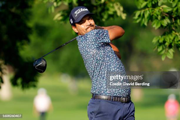 Fabian Gomez of Argentina plays his tee shot on the second hole during the first round of the Pinnacle Bank Championship presented by Aetna at The...