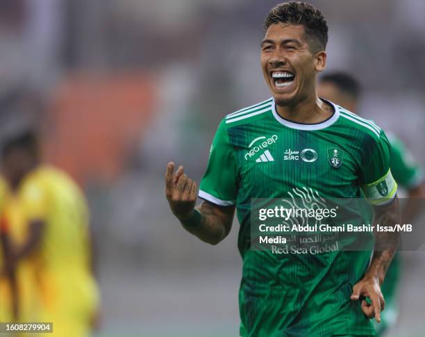 Roberto Firmino of Al-Ahli celebrates during AL Ahli Saudi vs AL Hazem FC in Saudi Arabian Pro League, at Prince Abdullah Al Faisal Stadium on August...