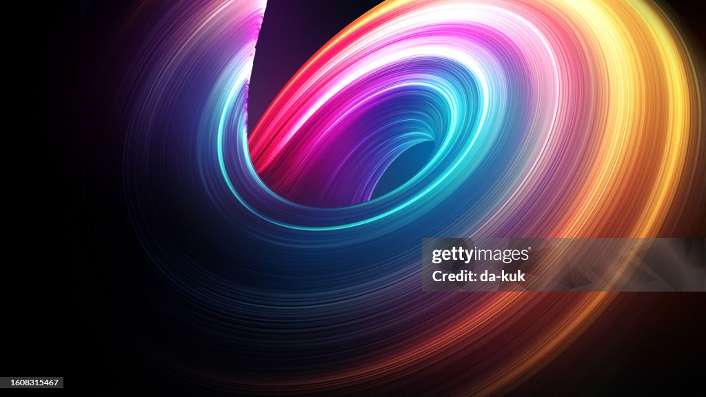 Abstract twisted light trail dynamic shape on black background. 3D render