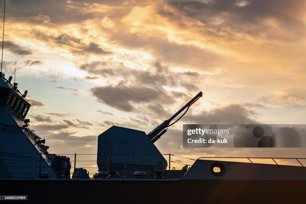 Sup Turrets Military Carrier Turrets And Weapons On Warship At Sunset Closeup High ...