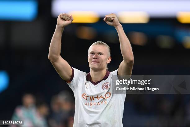 Erling Haaland of Manchester City celebrates after the team's victory in the Premier League match between Burnley FC and Manchester City at Turf Moor...