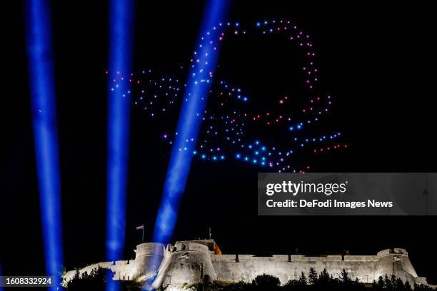 Drone Light Show during event organized by Rimac Group and Europa Park held in Hvar on Hvar Island, Croatia on August 10, 2023. Rimac Group and the...