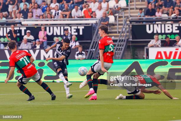 Anas Ouahim of Heracles Almelo and Youri Baas of NEC Nijmegen battle for the ball during the Dutch Eredivisie match between Heracles Almelo and NEC...
