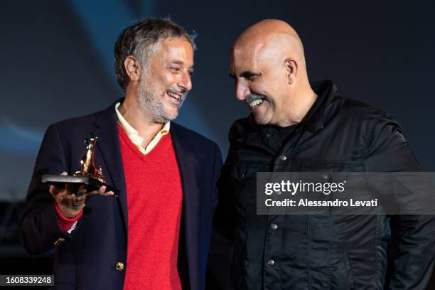 Harmony Korine and Gaspar Noe on stage during the 76th Locarno Film Festival on August 11, 2023 in Locarno, Switzerland.
