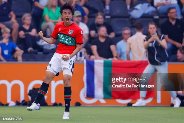 Koki Ogawa of NEC Nijmegen scores the 0-1 and celebrating his goal during the Dutch Eredivisie match between Heracles Almelo and NEC Nijmegen at Erve...