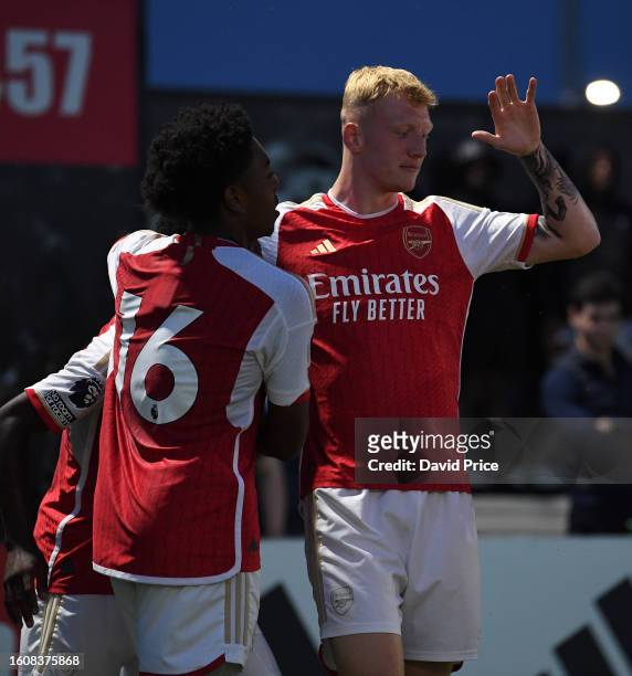 Taylor Foran celebrates Arsenal's 3rd goal during the PL2 match between Arsenal U21 and West Ham United U21 at Meadow Park on August 11, 2023 in...