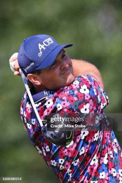 Patrick Reed of 4Aces GC hits his shot from the eighth tee during day one of the LIV Golf Invitational - Bedminster at Trump National Golf Club on...