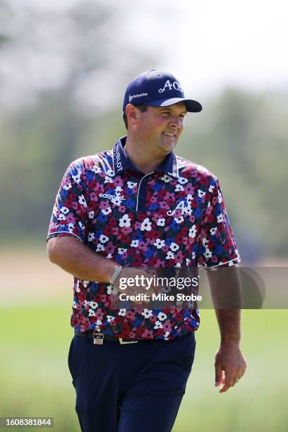 Patrick Reed of 4Aces GC looks on at the seventh green during day one of the LIV Golf Invitational - Bedminster at Trump National Golf Club on August...