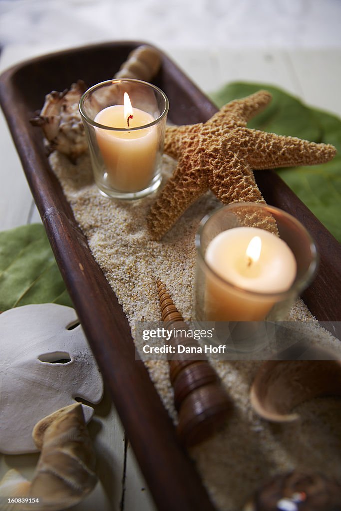 Sea shells and candle in zen atmosphere