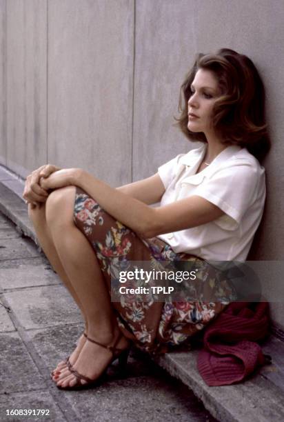 American actress Lois Chiles, is Holly Goodhead, sits behind the scenes during the filming of the 1979 James Bond spy movie, Moonraker in the United...