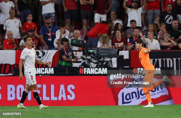 Javi Guerra of Valencia celebrates after scoring the team's second goal during the LaLiga EA Sports match between Sevilla FC and Valencia CF at on...