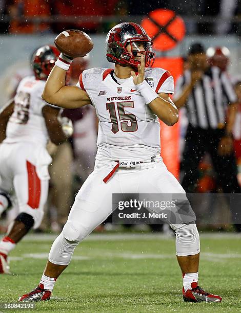 Quarterback Gary Nova of the Rutgers Scarlet Knights throws a pass against the Virginia Tech Hokies during the Russell Athletic Bowl Game at the...